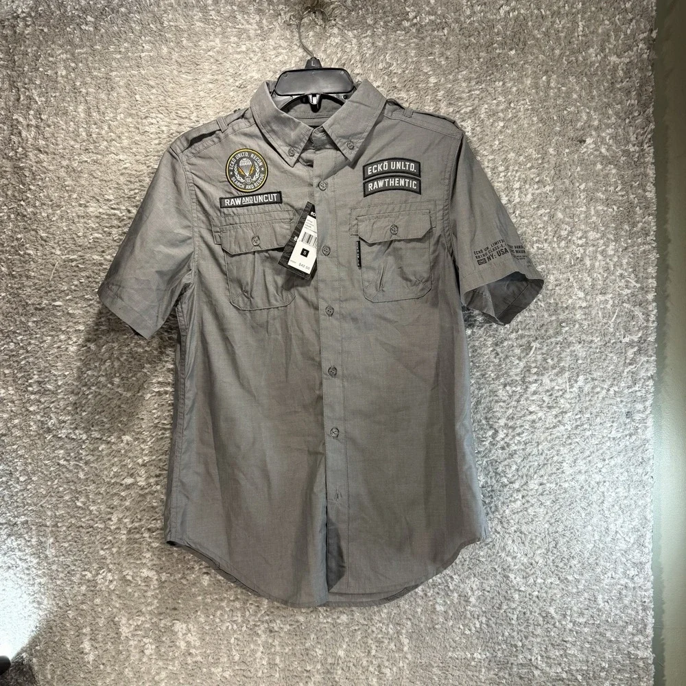 ECKO UNLTD S Gray Shirt Button Up Casual Patch Search & Rescue Logo NWT
